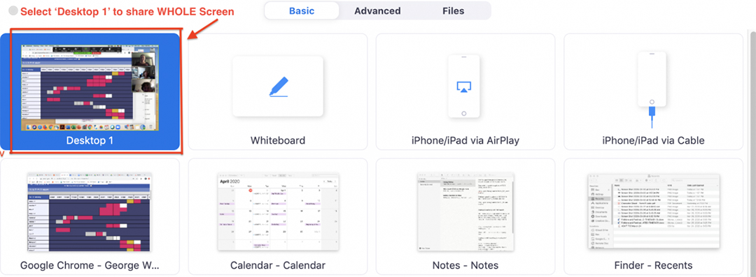 the content share panel in zoom with the text 'select desktop 1' to share whole screen